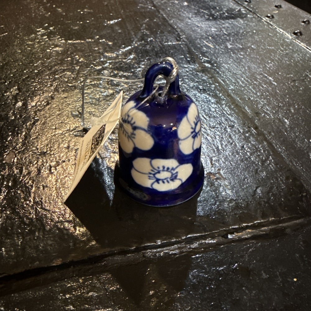 Vintage Blue & White Ceramic Floral Bell Xmas Ornament Ten Thousand Villages 2"